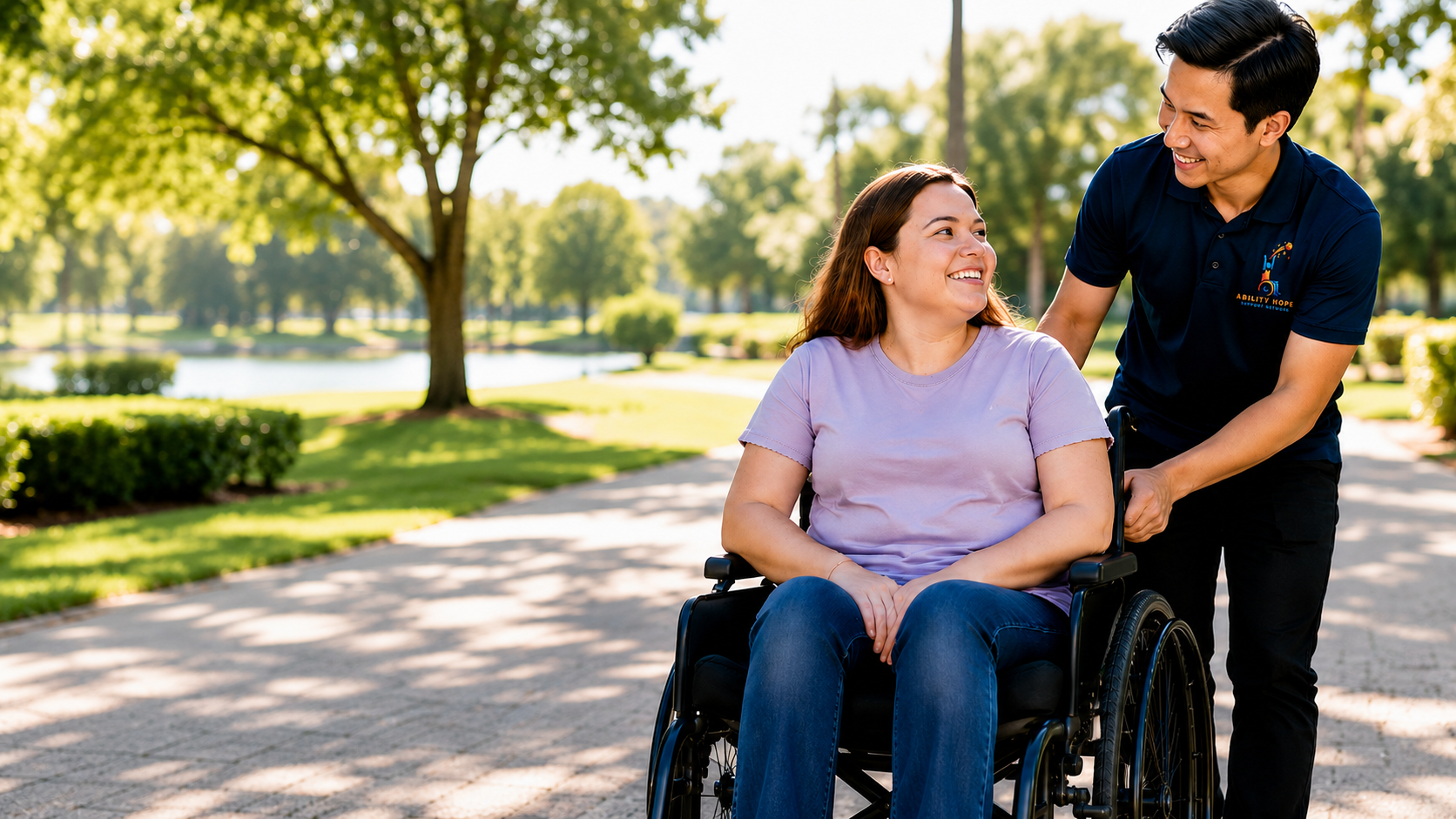 Support worker assisting a participant in a wheelchair outdoors in a park setting
