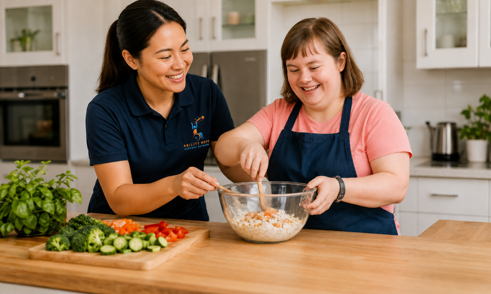 Ability Hope Support Network support worker helping a participant prepare a meal